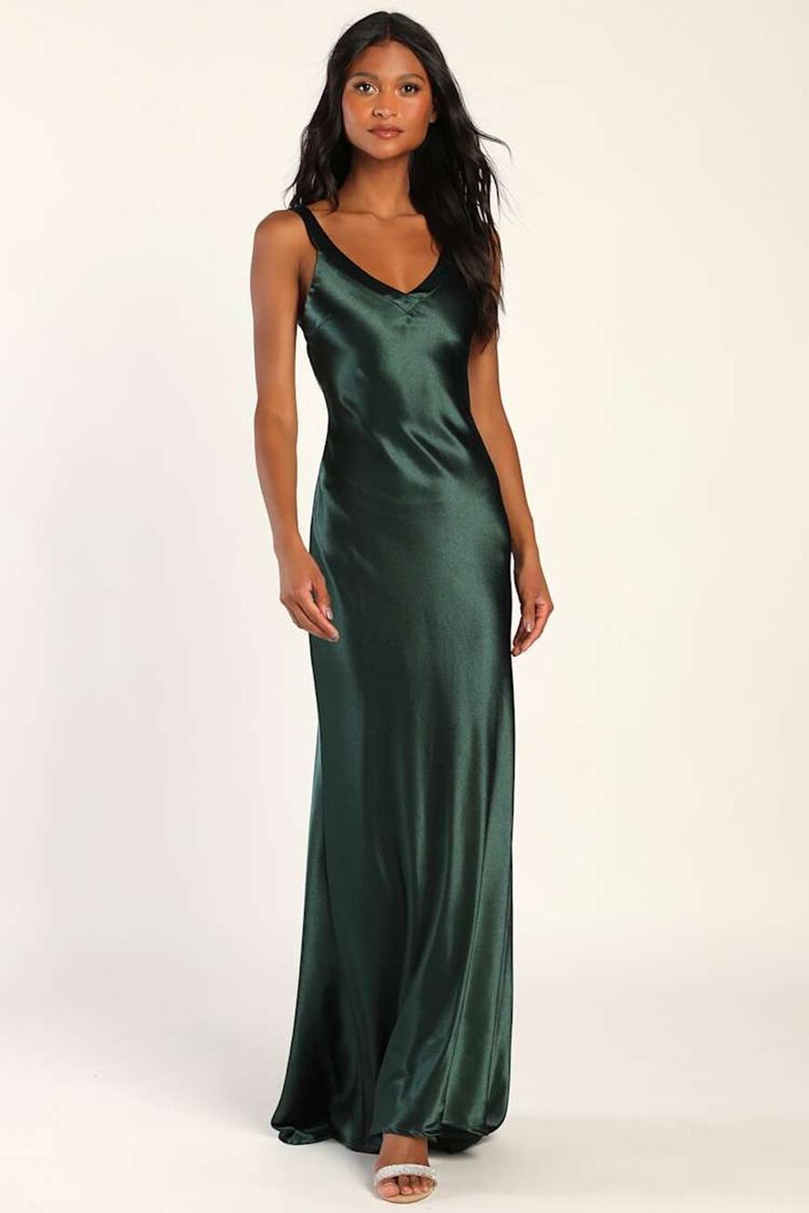 NWT Lulus Perfectly Classy Emerald Green Satin Strappy Maxi Dress Wedding Sz S